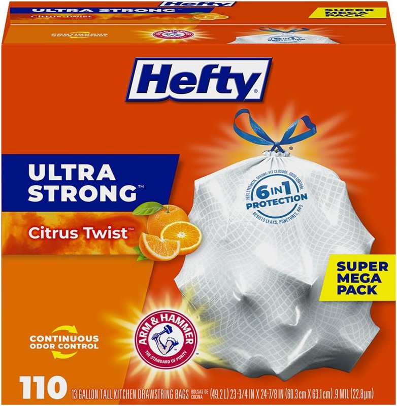 110 Count Hefty Ultra Strong Tall Kitchen Trash Bags, Citrus Twist Scent, 13 Gallon 110 Count Hefty Ultra Strong Tall Kitchen Trash Bags, Citrus Twist Scent, 13 Gallon - $13.17 (43% off) at Amazon.com